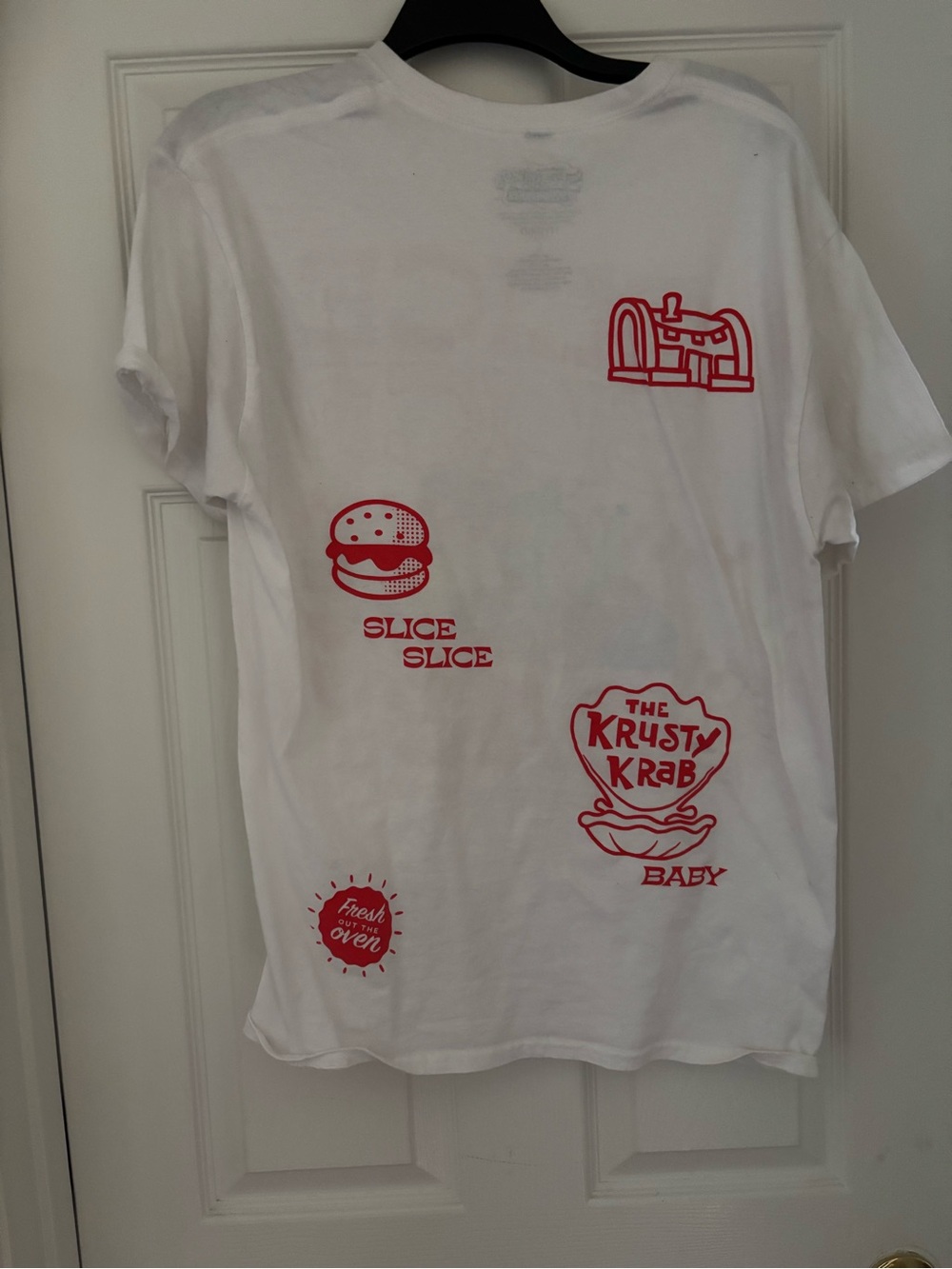 White Short-Sleeve Graphic Tee with Red Krusty Krab Motifs